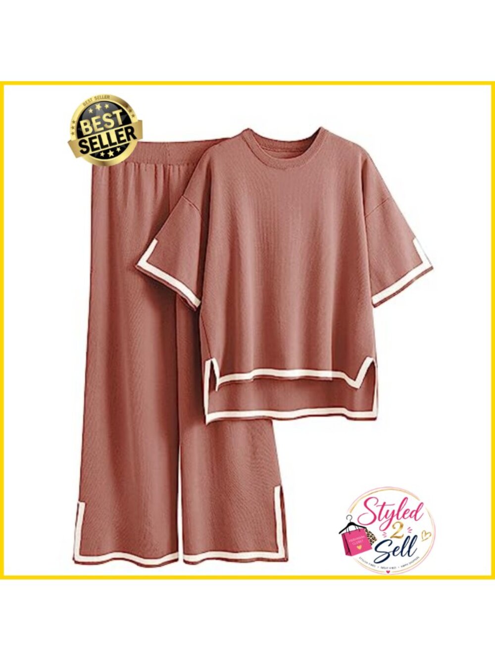 2 Piece Knit Sweater Lounge Set Short Sleeve Top Wide Leg Pants Tracksuit